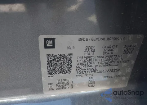 2019 Chevrolet Silverado 1500 High Country from USA, damaged, VIN 1GCUYHEL8KZ275352